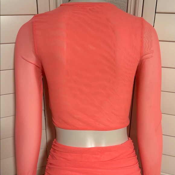 Hot & Delicious Neon Coral Ruched Two-Piece Set | Long Sleeve Crop Top &  Skirt - Picture 10 of 12